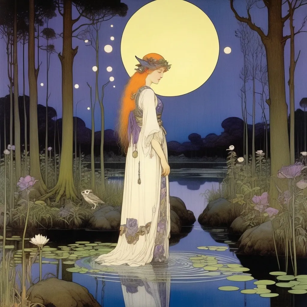 Prompt: Marianne Stokes, Masaaki Sasamoto, Carlos Schwabe, Virginia Frances Sterrett, Gustav Dore, Albrecht Durer: On a springs's night, a beautiful woman goes out to the cottagecore swampy wilderness to commune with the spirits of chaos and the cosmos, fireflies, horned owls, frogs and pixies, Mysterious, purple, detailed foliage