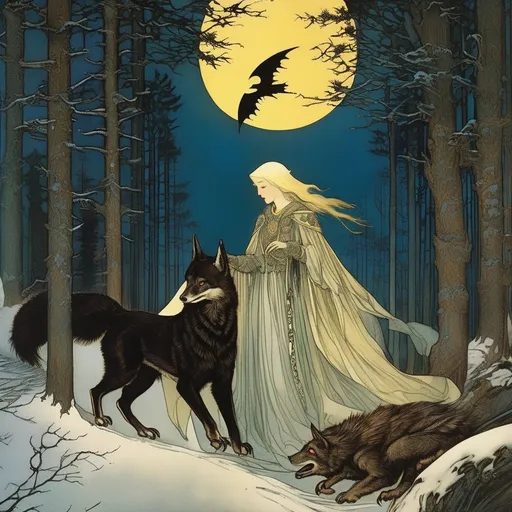 Prompt: Marianne Stokes, Masaaki Sasamoto, Carlos Schwabe, Virginia Frances Sterrett, Gustav Dore, Albrecht Durer: On a winter's night, a beautiful girl sorcerer goes out to the wilderness to commune with the spirits of death and decay, bats, horned owls, wolves and ghosts, Mysterious