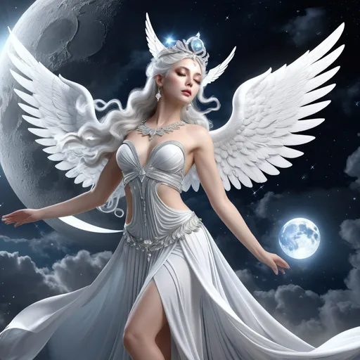 Prompt: HD 4k 3D, hyper realistic, professional modeling, ethereal Greek Goddess of the Moon, silver white hair, pale skin, gorgeous face, billowing gown and wings, marble jewelry and tiara, full body, flying through clouds, sparkling crystal night city, moon goddess, surrounded by divine glow, detailed, elegant, ethereal, mythical, Greek, goddess, surreal lighting, majestic, goddesslike aura
