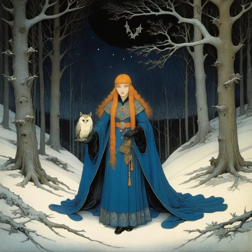 Prompt: Marianne Stokes, Masaaki Sasamoto, Carlos Schwabe, Virginia Frances Sterrett, Gustav Dore, Albrecht Durer: On a winter's night, a beautiful girl sorcerer goes out to the wilderness to commune with the spirits of death and decay, bats, horned owls, wolves and ghosts, Mysterious