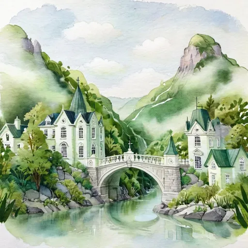 Prompt: Detailed painting of a Victorian town built over a mountain river pass bridge, Daniel Merriam style, intricate architectural details, jade color palette, flowing river below, lush greenery, high quality, detailed, Victorian architecture, mountain river pass, elaborate bridges, Daniel Merriam, jade tones, lush environment, detailed painting, intricate design, professional, atmospheric lighting