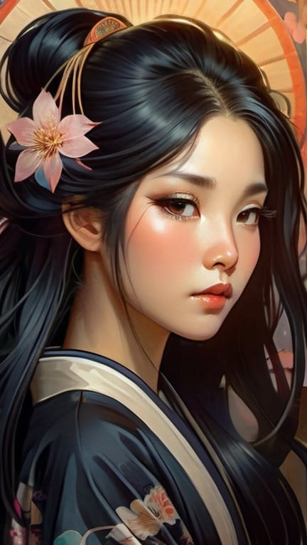 Prompt: asian girl with long straight black hair, traditional kimono, detailed eyes, serene expression, high-quality, traditional, black hair, serene, detailed eyes, elegant, atmospheric lighting. high fantasy