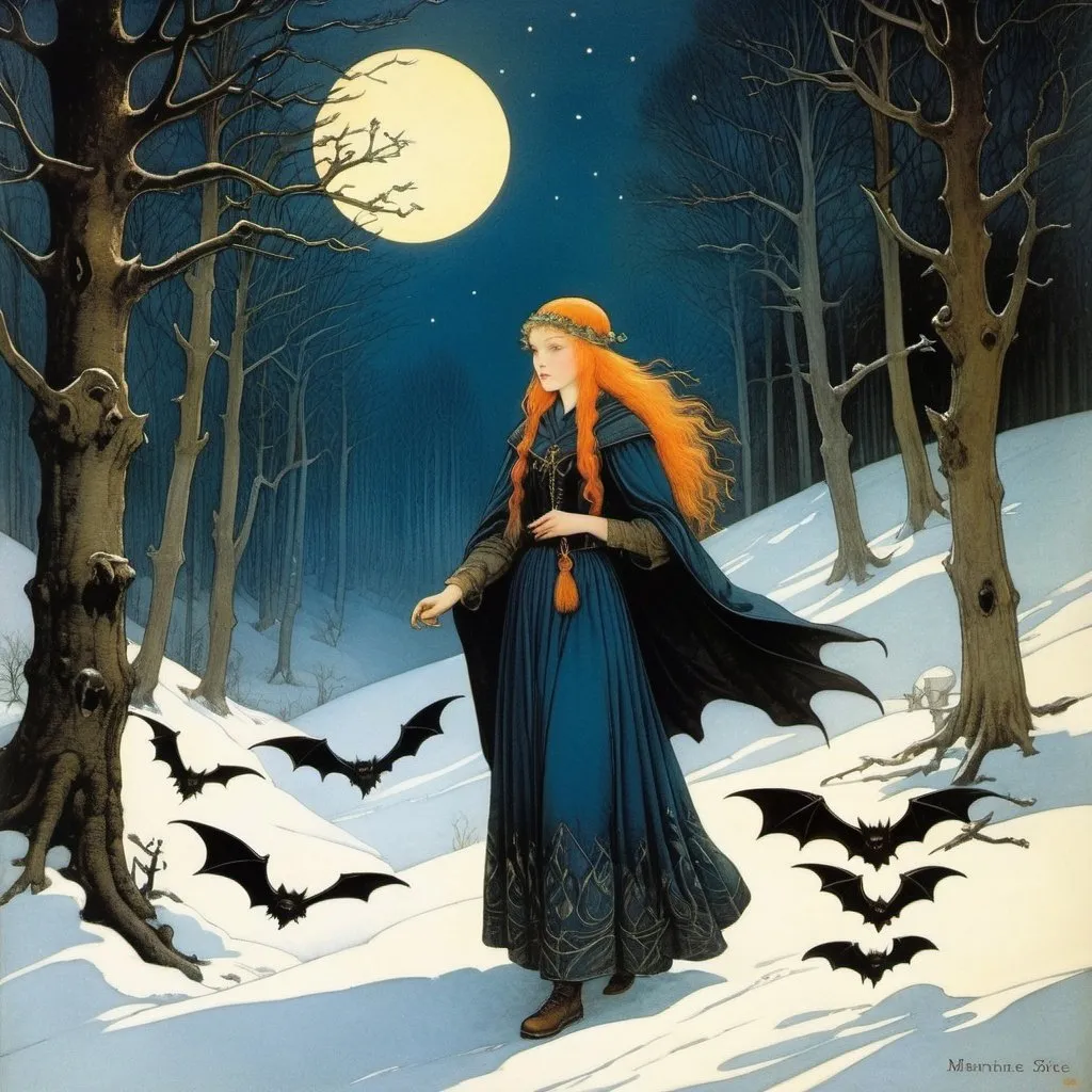 Prompt: Marianne Stokes, Masaaki Sasamoto, Carlos Schwabe, Virginia Frances Sterrett, Gustav Dore, Albrecht Durer: On a winter's night, a beautiful girl sorcerer goes out to the wilderness to commune with the spirits of death and decay, bats, horned owls, wolves and ghosts, Mysterious