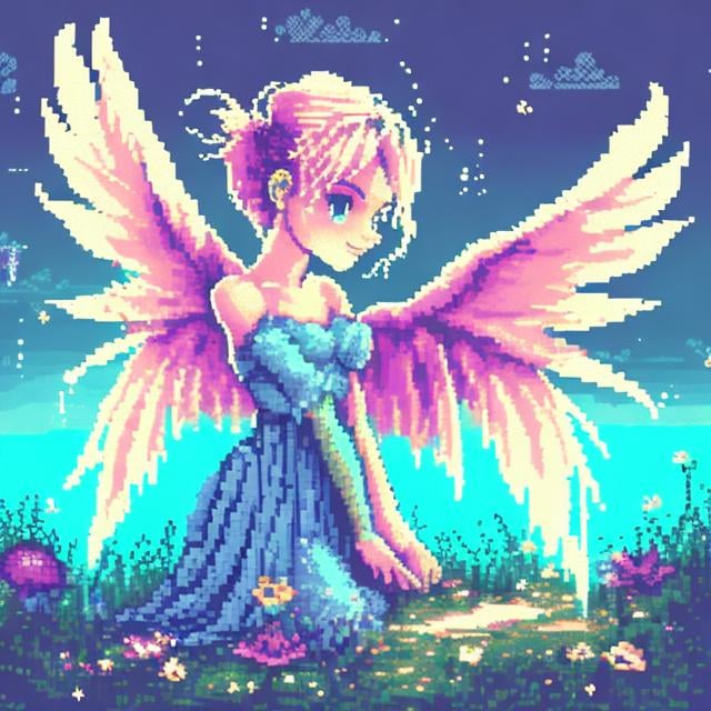 Prompt: Cute pixie pixel art, 8-bit style, y2k core, fairycore, nostalgic, princesscore, tumblr inspired, pastel color palette, dreamy atmosphere, magical glow, detailed wings, whimsical landscape, fantasy