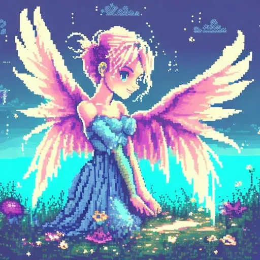 Prompt: Cute pixie pixel art, 8-bit style, y2k core, fairycore, nostalgic, princesscore, tumblr inspired, pastel color palette, dreamy atmosphere, magical glow, detailed wings, whimsical landscape, fantasy