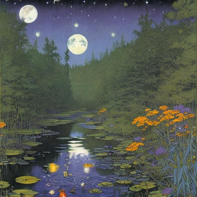 Prompt: Marianne Stokes, Masaaki Sasamoto, Carlos Schwabe, Virginia Frances Sterrett, Gustav Dore, Albrecht Durer: On a springs's night, a beautiful woman goes out to the cottagecore swampy wilderness to commune with the spirits of chaos and the cosmos, fireflies, horned owls, frogs and pixies, Mysterious, purple, detailed foliage