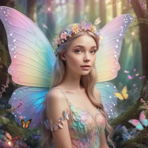 Prompt: Rainbow fairy in a magical forest, vibrant and ethereal, soft pastel colors, intricate butterfly wings, sparkling tiara, enchanting floral surroundings, high quality, dreamy, fantasy, pastel colors, detailed wings, magical, ethereal lighting