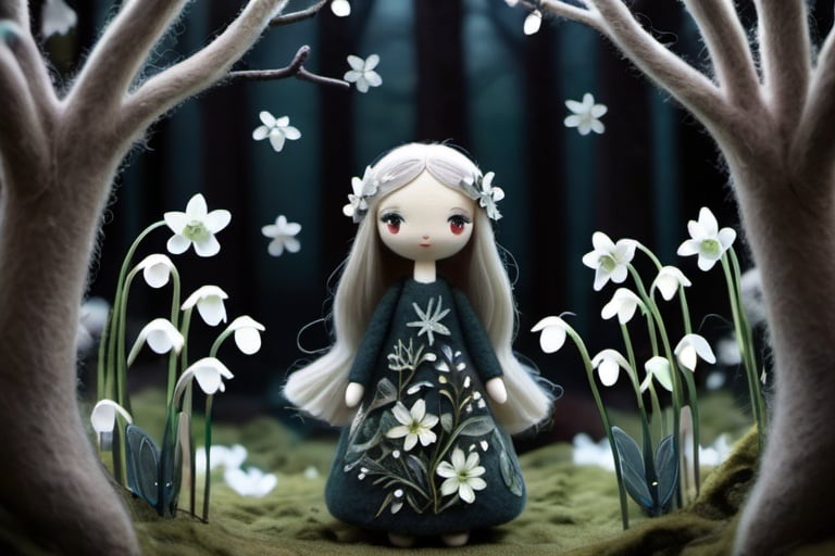 Prompt: Dark moonlit forest with transparent flowers and blooms, snowdrops with transparent petals, high-res, detailed, fantasy, cool tones, ethereal lighting, intricate details, glowing moonlight, atmospheric, magical, detailed petals, enchanting, mystical, enchanted forest, night scene, delicate blooms