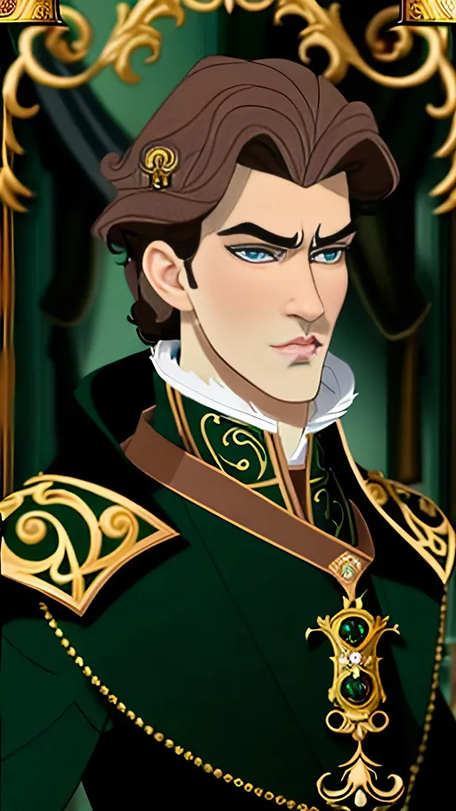 Prompt: Arrogant, handsome male Emperor with grey eyes and brown hair, Dmitri from Anastasia inspired, royal attire in dark green, regal posture, ornate crown, detailed facial features, high quality, regal, royal, aristocratic, intense gaze, luxurious, royal attire, Dmitri inspired, detailed eyes, professional lighting