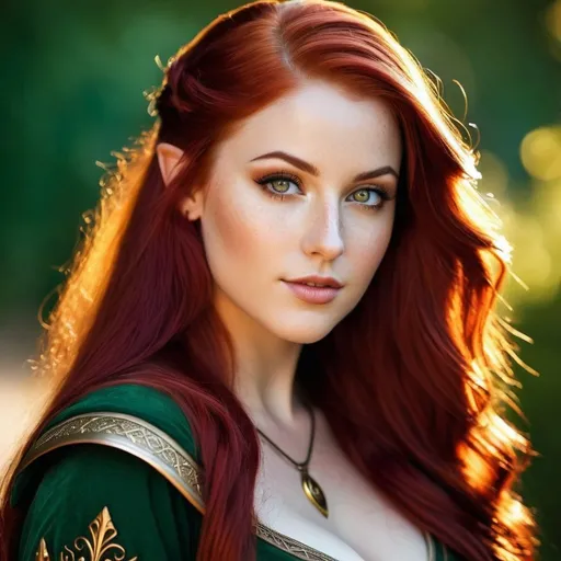 Prompt: Realistic book accurate Bryce Quinlan. Curvy woman with long, straight, wine red hair, amber colored eyes, slightly pointed elf ears, and freckly skin
