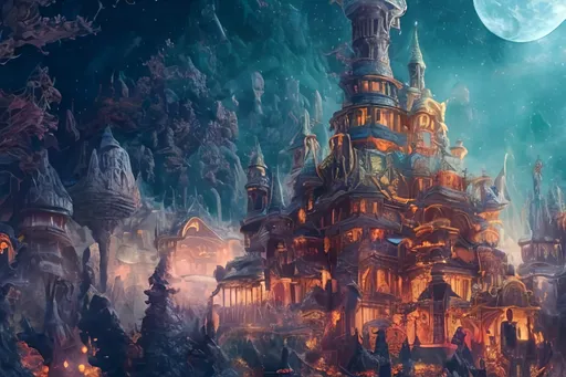 Prompt: Lunar palace, iridescent crystal, fantasy castle, purple moon, celestial, highres, fantasy, lunar, iridescent, detailed architecture, surreal, dreamy, atmospheric lighting, majestic, magical, ethereal, soft glow, moonlit fantasy, otherworldly, enchanting, celestial theme, mystical, intricate design, whimsical, vibrant color palette