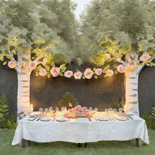 Prompt: warm lit evening dinner party in a backyard with trees that have great big paper decor flowers in the leaves