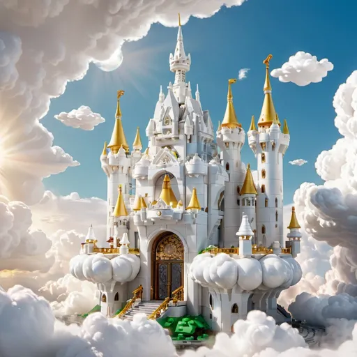 Prompt: Cloud castle floating in the sky, ethereal and majestic, fantasy 3D rendering, fluffy white clouds swirling, intricate and grand architecture, vibrant and dreamy color palette, soft and warm sunlight, high quality, fantasy, 3D rendering, ethereal, majestic, grand architecture, vibrant colors, warm lighting