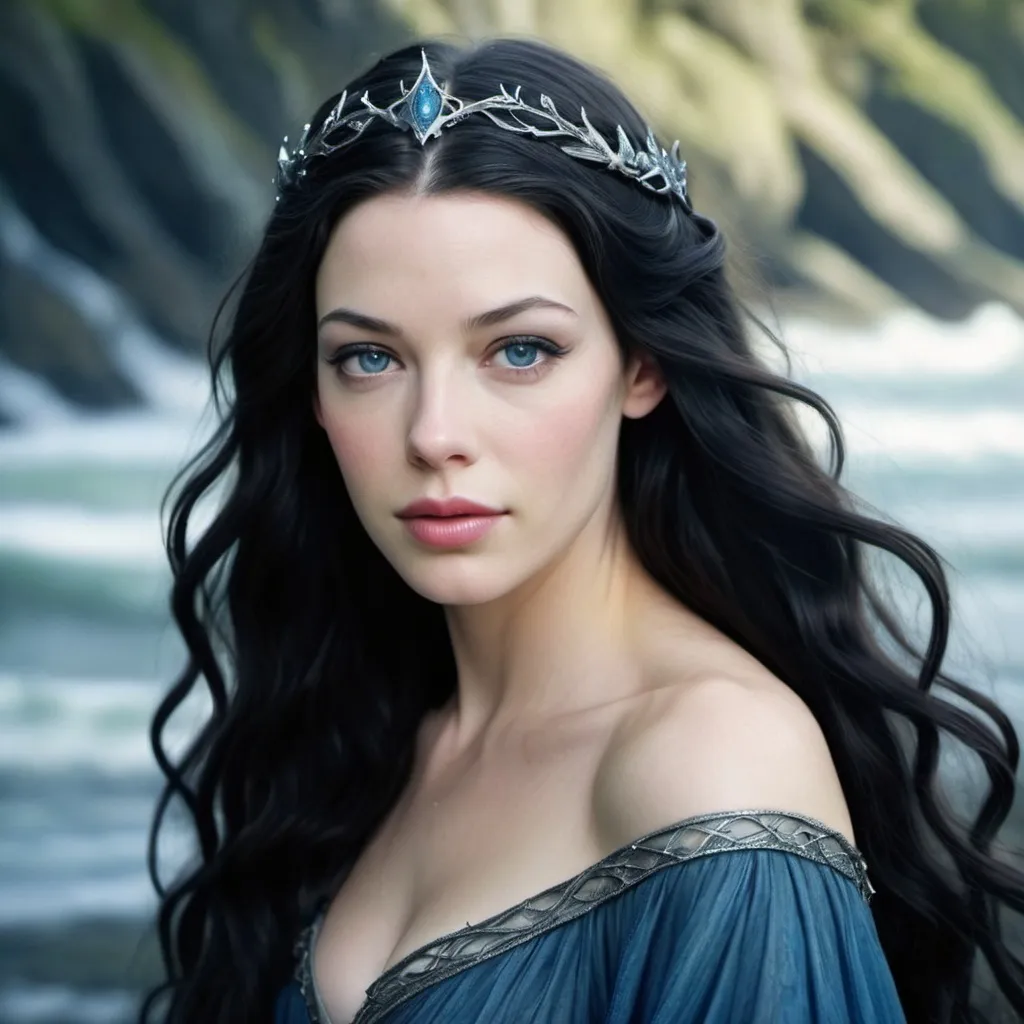 Prompt: beautiful fairy princess who looks like arwen or Liv Tyler but with blue-black waves 