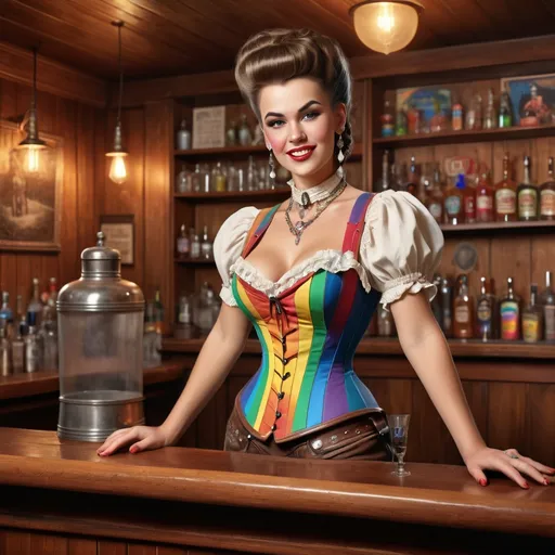 Prompt: Realistic illustration of a vintage saloon with rainbow pride theme, barkeeper woman in retro western attire, rainbow color corset, bustle dress, old-fashioned saloon interior, wooden bar counter, vintage bar accessories, detailed facial features, professional realism, vintage, rainbow pride, retro western attire, detailed clothing, old-fashioned, wooden interior, vintage accessories, realistic lighting