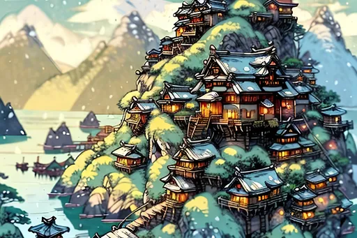 Prompt: Viking and Edo era fusion in fantasy style, cozy ghibli-inspired mountain village, white-washed homes with slate roofs, lush greenery, rounded architecture, fantasy setting, detailed foliage, cozy atmosphere, Ghibli-inspired, vibrant colors, fantasy style, high-quality, detailed, cozy lighting, mountain village, viking-Edo fusion, slate roofs, rounded architecture, lush greenery, fantasy setting