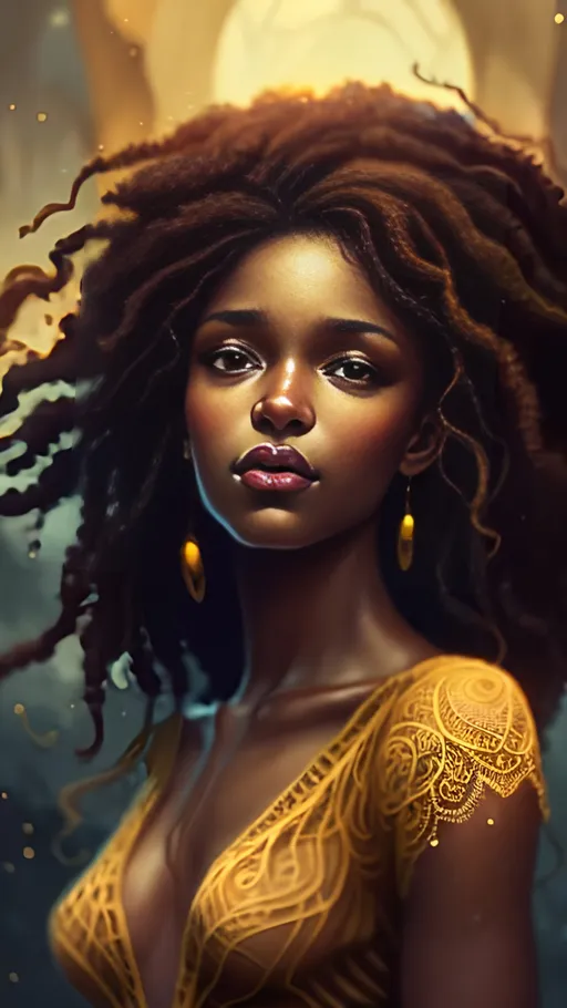 Prompt: Beautiful black woman, long natural curly hair, soft skin, brown eyes, flowing yellow dress, warm-toned, elegant, fantasy, detailed eyes, highres, warm and soft colors, fantasy art, professional, atmospheric lighting