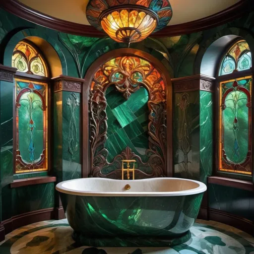 Prompt: Big bathtub carved out of dark green marble, stunning bohemian art bathroom, highres, detailed carving, bohemian, luxurious, vibrant color scheme, intricate patterns, art nouveau, atmospheric lighting