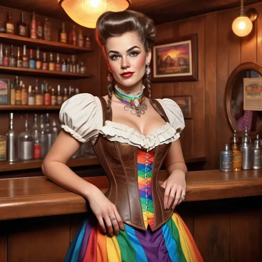 Prompt: Realistic illustration of a vintage saloon with rainbow pride theme, barkeeper woman in retro western attire, rainbow color corset, bustle dress, old-fashioned saloon interior, wooden bar counter, vintage bar accessories, detailed facial features, professional realism, vintage, rainbow pride, retro western attire, detailed clothing, old-fashioned, wooden interior, vintage accessories, realistic lighting