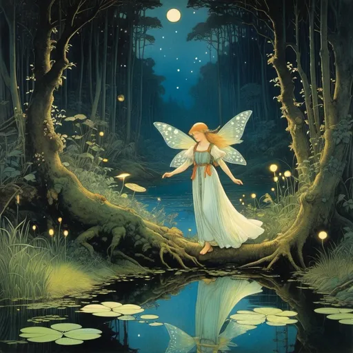 Prompt: Marianne Stokes, Masaaki Sasamoto, Carlos Schwabe, Virginia Frances Sterrett, Gustav Dore, Albrecht Durer: On a springs's night, a beautiful girl fairy goes out to the cottagecore swampy wilderness to commune with the spirits of nature and light, fireflies, horned owls, frogs and pixies, Mysterious