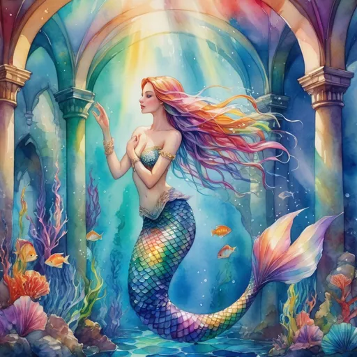Prompt: Rainbow mermaid in an underwater palace, vibrant colors, magical underwater world, sparkling scales, flowing rainbow tail, ethereal and enchanting, high quality, watercolor painting, fantasy, rainbow colors, underwater, detailed scales, majestic, elegant lighting