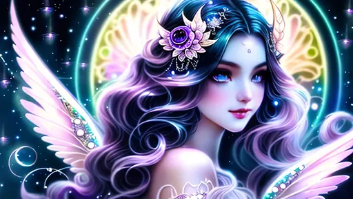 Prompt: Lunar fairy queen with ornate, white glowing wavy hair, amethyst eyes, ethereal glow, detailed facial features, fairytale delicate gossamer wings, flying, fantasy style, moonlit scene, mystical atmosphere, art nouveau, starry night, elegant, detailed eyes, anime inspired, high quality, detailed, fantasy, ethereal glow, moonlit, delicate wings