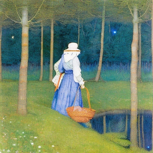 Prompt: Marianne Stokes, Masaaki Sasamoto, Carlos Schwabe, Virginia Frances Sterrett, Gustav Dore, Albrecht Durer: On a springs's night, a beautiful woman goes out to the cottagecore swampy wilderness to commune with the spirits of chaos and the cosmos, fireflies, horned owls, frogs and pixies, Mysterious, purple, detailed foliage