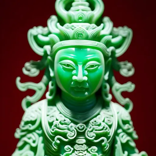 Prompt: Jade god sculpture in ancient Chinese style, carved from precious green jade, intricate detailing of mythical features, majestic and imposing presence, artisan craftsmanship, high quality, ancient Chinese, intricate carving, mythical, majestic, green tones, detailed craftsmanship, professional lighting