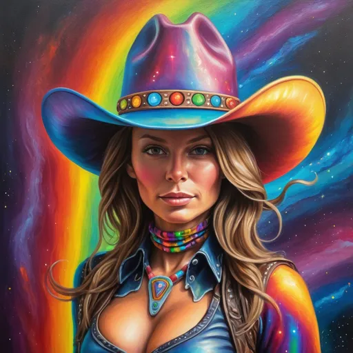 Prompt: Rainbow alien cowgirl, oil painting, galactic cowboy hat, swirling cosmic lasso, vibrant and otherworldly colors, high quality, surreal, vibrant rainbow colors, cosmic lighting, alien cowgirl, galactic, vibrant oil painting, surreal details, cosmic theme, vibrant colors, oil painting, high quality
