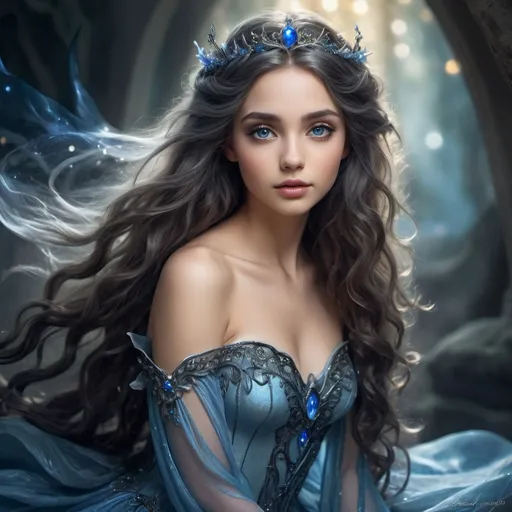 Prompt: Beautiful fairy princess with blue-black waves, radiant and ethereal, high-quality, fantasy, detailed eyes, flowing gown, magical aura, enchanting atmosphere, fairy-tale, dreamy, mystical, elegant, atmospheric lighting, fantasy art, long flowing hair, ethereal beauty, princess, fairy, detailed hair, magical, enchanting, detailed, high quality