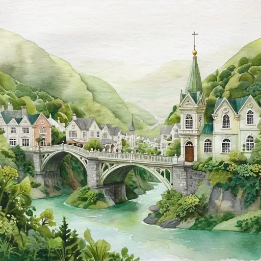 Prompt: Detailed painting of a Victorian town built over a mountain river pass bridge, Daniel Merriam style, intricate architectural details, jade color palette, flowing river below, lush greenery, high quality, detailed, Victorian architecture, mountain river pass, elaborate bridges, Daniel Merriam, jade tones, lush environment, detailed painting, intricate design, professional, atmospheric lighting