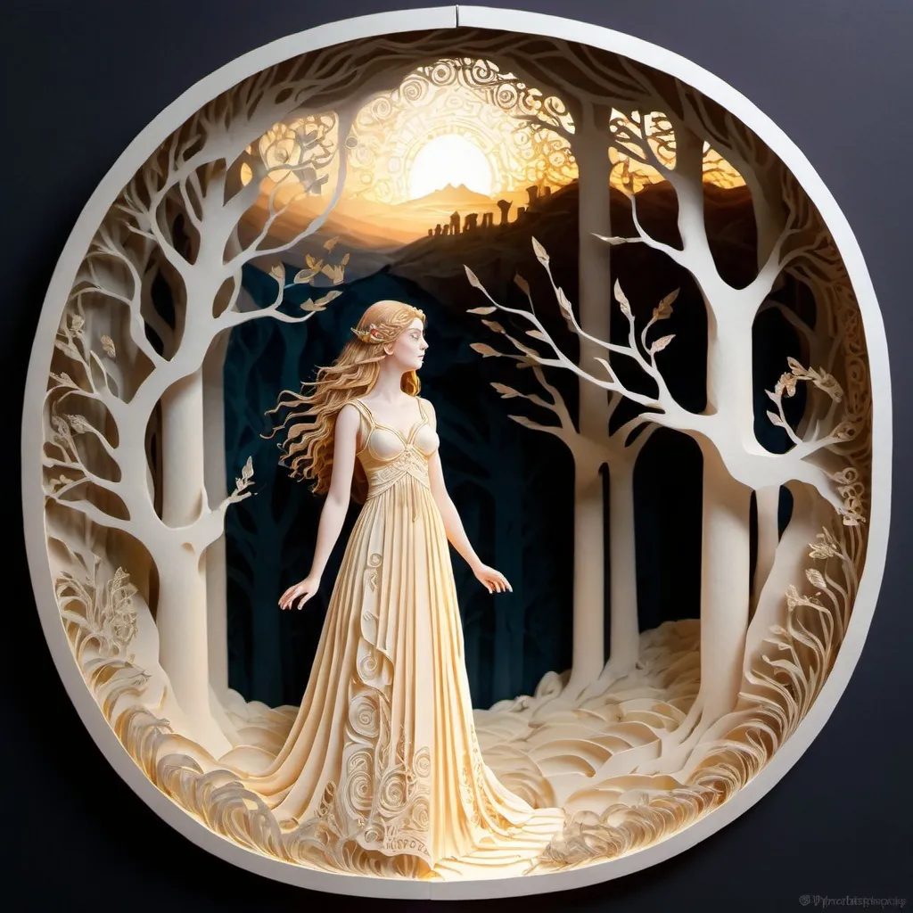 Prompt: Illustration of Ariadne in an ethereal, dreamlike setting, intricate labyrinth background, flowing dress, ancient Greek mythology, mystical atmosphere, soft and warm lighting, high quality, detailed, ethereal, dreamlike, ancient Greek mythology, flowing dress, intricate details, mystical, soft lighting, atmospheric, professional