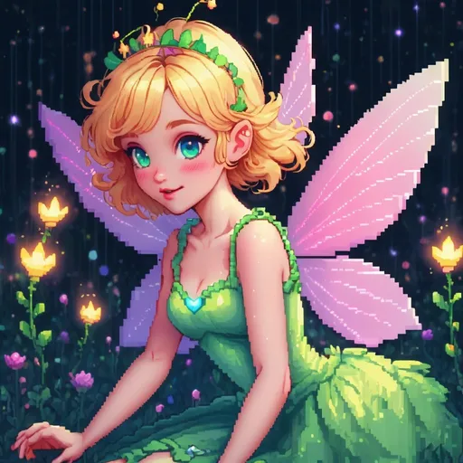 Prompt: Cute pixie pixel art, y2k core style, nostalgic princesscore, tumblr-inspired, high quality, atmospheric lighting, vibrant colors, fairy flying around, pixel art, cute, fairycore, y2k core, nostalgic, princesscore, tumblr, nostalgic vibes