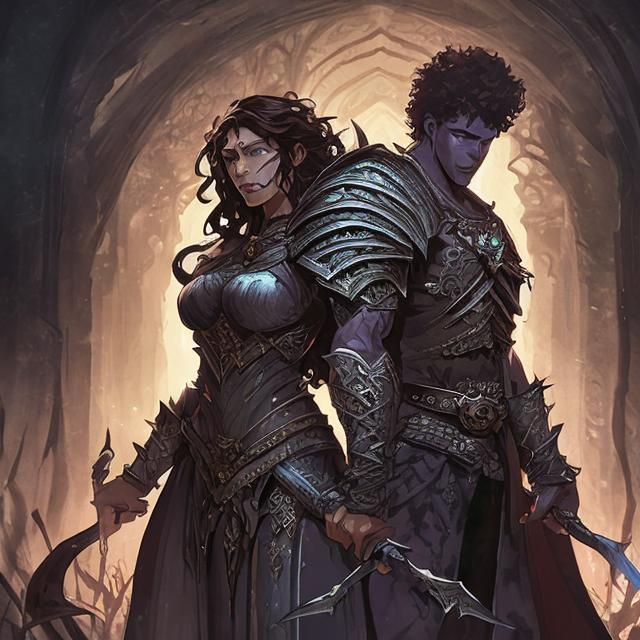 Prompt: Fantasy RPG game style illustration of a heroic man with dark curls standing next to a woman with dark hair, epic fantasy setting, intricate armor and weapons, magical aura, detailed facial features, high-quality, fantasy RPG, detailed characters, dark tones, magical lighting