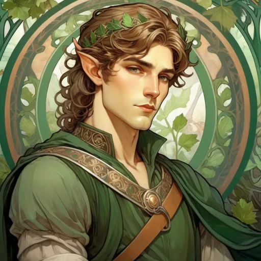 Prompt: handsome half-elf king with grey eyes and shorter brown hair wearing dark green