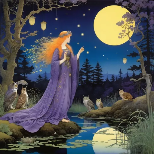 Prompt: Marianne Stokes, Masaaki Sasamoto, Carlos Schwabe, Virginia Frances Sterrett, Gustav Dore, Albrecht Durer: On a springs's night, a beautiful woman goes out to the cottagecore swampy wilderness to commune with the spirits of chaos and the cosmos, fireflies, horned owls, frogs and pixies, Mysterious, purple, detailed foliage