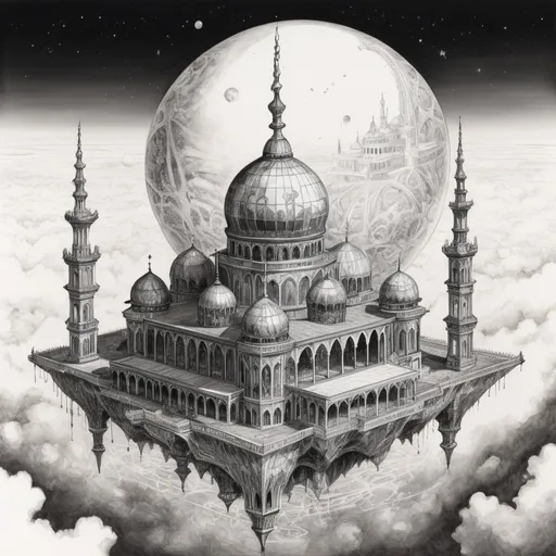 Prompt: A floating mosque-like crystal palace high above the ground actually above earth floating in the air, pen and ink, detailed, realism, fantasy, polished creasent in sky 