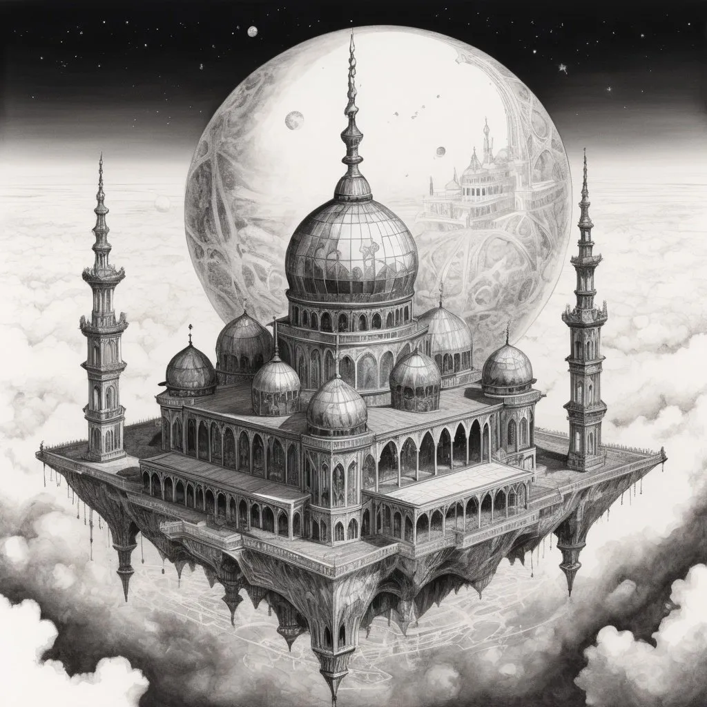 Prompt: A floating mosque-like crystal palace high above the ground actually above earth floating in the air, pen and ink, detailed, realism, fantasy, polished creasent in sky 