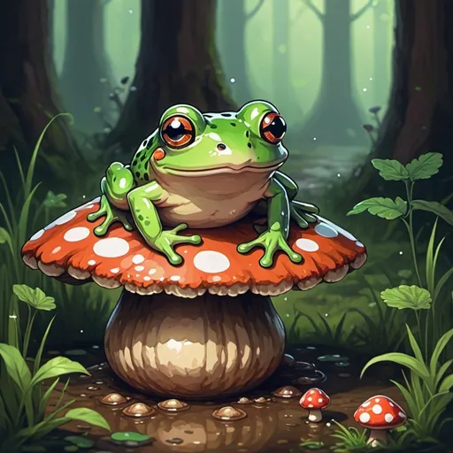 Prompt: fairycore frog cute cottagecore nostalgic pixel art tumblrcore frog sitting under a mushroom cute pixel art