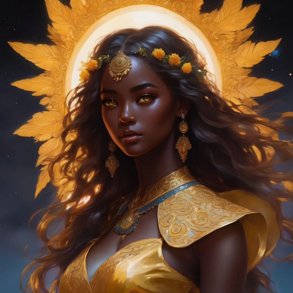 Prompt: Full body visible, oil painting, young 27 years old Human Black woman, black-skinned-female, ((beautiful detailed face and glowing anime chocolate eyes)), long glossy, coily hair, rosy cheeks, sly grin, looking at the viewer, sorceress wearing marigold yellow dress, raising her holy scepter to the sky, intricate hyper detailed hair, intricate hyper detailed eyelashes, intricate hyper detailed shining pupils, #3238, UHD, hd , 8k eyes, detailed face, big anime dreamy eyes, 8k eyes, intricate details, insanely detailed, masterpiece, cinematic lighting, 8k, complementary colors, golden ratio, octane render, volumetric lighting, unreal 5, artwork, concept art, cover, top model, light on hair colorful glamourous hyperdetailed ((moonlit)) background, intricate hyperdetailed battlefield, ultra-fine details, hyper-focused, deep colors, dramatic lighting, ambient lighting god rays | by sakimi chan, artgerm, wlop, pixiv, tumblr, instagram, deviantart