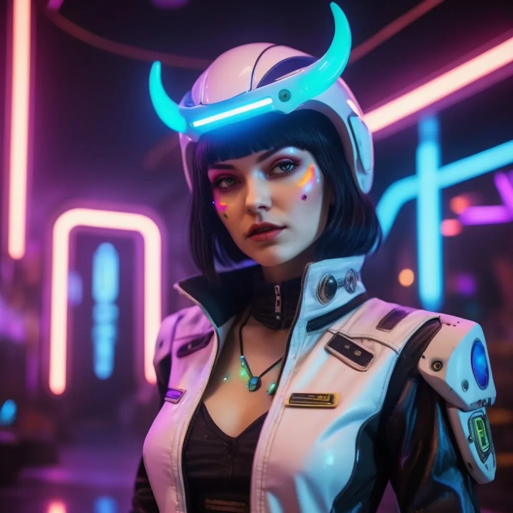 Prompt: Realistic cosmic cowgirl outfit, Faye Valentine, space rave, futuristic setting, detailed facial features, high quality, realism, cosmic color palette, neon lighting, futuristic accessories, professional art, immersive atmosphere