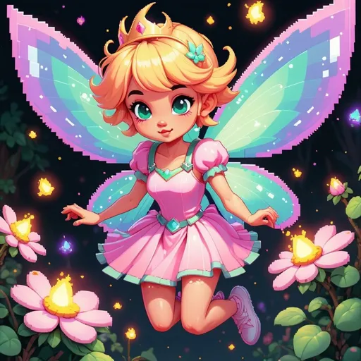 Prompt: Cute pixie pixel art, y2k core style, nostalgic princesscore, tumblr-inspired, high quality, atmospheric lighting, vibrant colors, fairy flying around, pixel art, cute, fairycore, y2k core, nostalgic, princesscore, tumblr, nostalgic vibes