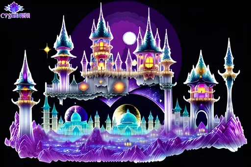 Prompt: lunar palace, crystal, iridescant, fantasy castle on a purple moon, celestian