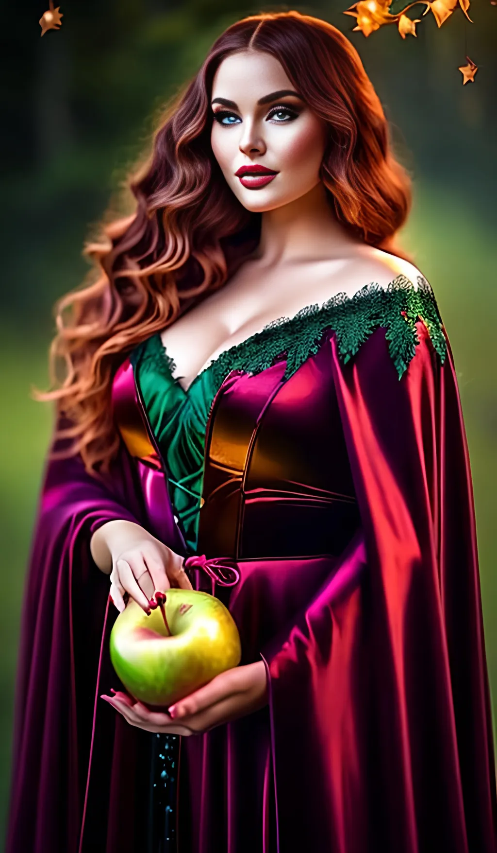 Prompt: Curvy goddess woman, long auburn waves, dark green dress and cloak, cloak hood pulled up, holding a red apple, pale freckled skin, amethyst eyes, enchanting, oil painting, detailed, highres, fantasy, ethereal lighting, enchanting gaze, mystical, magical, lush colors, flowing fabric, divine beauty