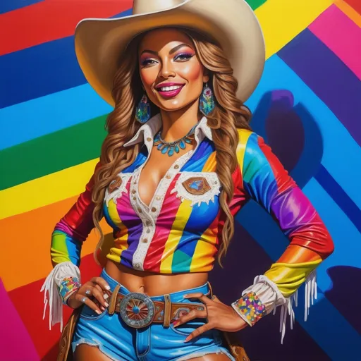 Prompt: Beyonce Renaissance rainbow cowgirl, vibrant acrylic painting, Renaissance fashion, rainbow-colored outfit, disco cowgirl vibe, dynamic and energetic pose, detailed facial features, high energy, vibrant colors, professional acrylic painting, Renaissance style, disco vibes, high contrast lighting, energetic and colorful