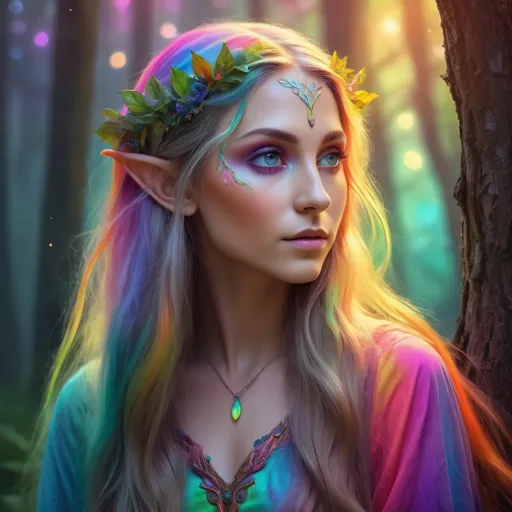 Prompt: Rainbow elf, digital painting, long flowing hair with vibrant colors, mystical forest background, ethereal and magical, high quality, fantasy, vibrant colors, whimsical, detailed features, glowing eyes, pastel tones, enchanting lighting