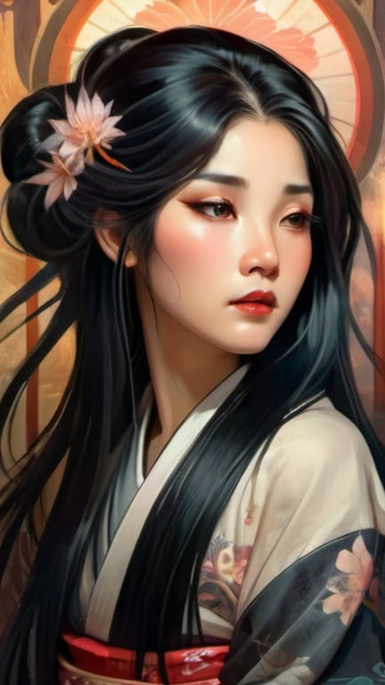Prompt: asian girl with long straight black hair, traditional kimono, detailed eyes, serene expression, high-quality, traditional, black hair, serene, detailed eyes, elegant, atmospheric lighting. high fantasy