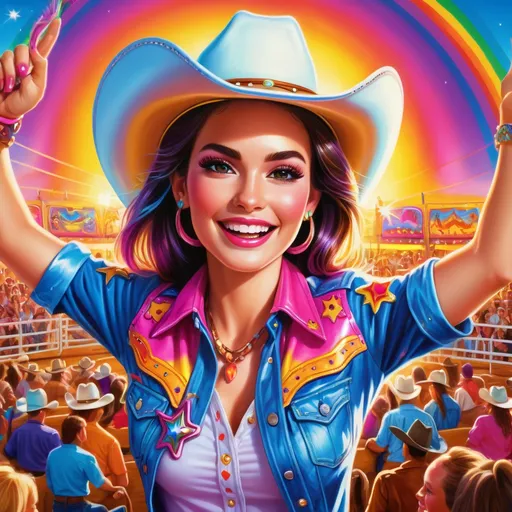 Prompt: Realistic illustration of a vibrant Lisa Frank cowgirl at the rodeo, detailed facial features, vivid and bright colors, rodeo arena with cheering crowd, shining sun in the background, high-quality, realistic, Lisa Frank style, vibrant colors, detailed expression, rodeo atmosphere, professional lighting