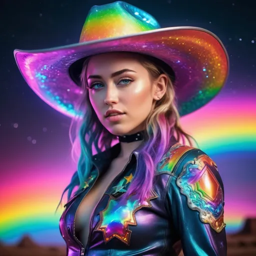 Prompt: Realistic space cosmic cowgirl in a trippy rainbow rave, iridescent, high-quality, realistic style, cosmic western, vibrant rainbow colors, psychedelic atmosphere, detailed cosmic scenery, professional lighting, realistic details, cosmic cowgirl outfit, space cowboy hat, iridescent effects, futuristic rave setting, cosmic cowboy attitude, cosmic cowgirl fashion, vivid colors, Miley cyrus