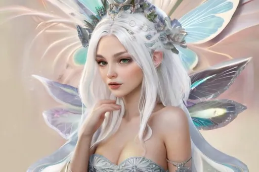 Prompt: art nouveau white hair fairy queen
